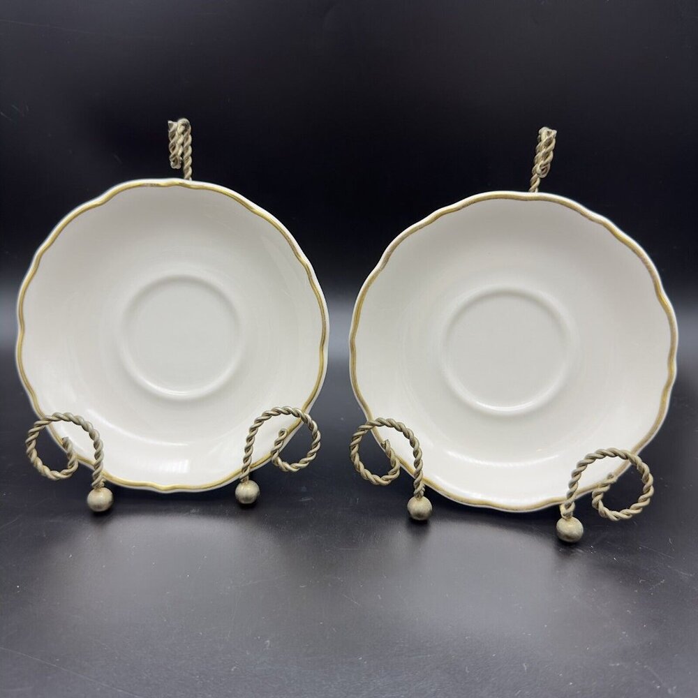 2 Vtg Syracuse China Cream Gold Scalloped Edge Rim Saucers‎ Restaurant Ware 5.5"